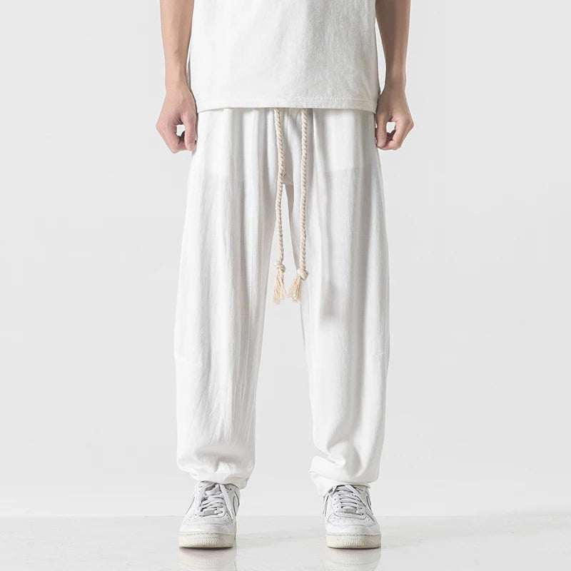 Mens Cotton Linen Pants Mens Summer Breathable Solid Color Harem Pants Male Streetwear White Trousers Men Ankle-Length Pants