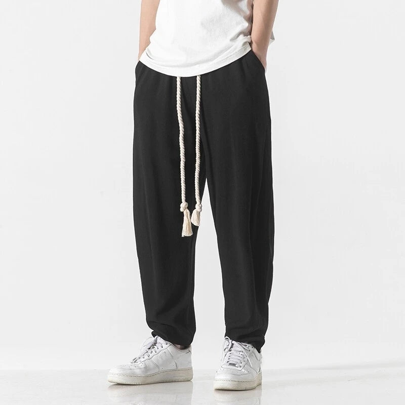 Mens Cotton Linen Pants Mens Summer Breathable Solid Color Harem Pants Male Streetwear White Trousers Men Ankle-Length Pants