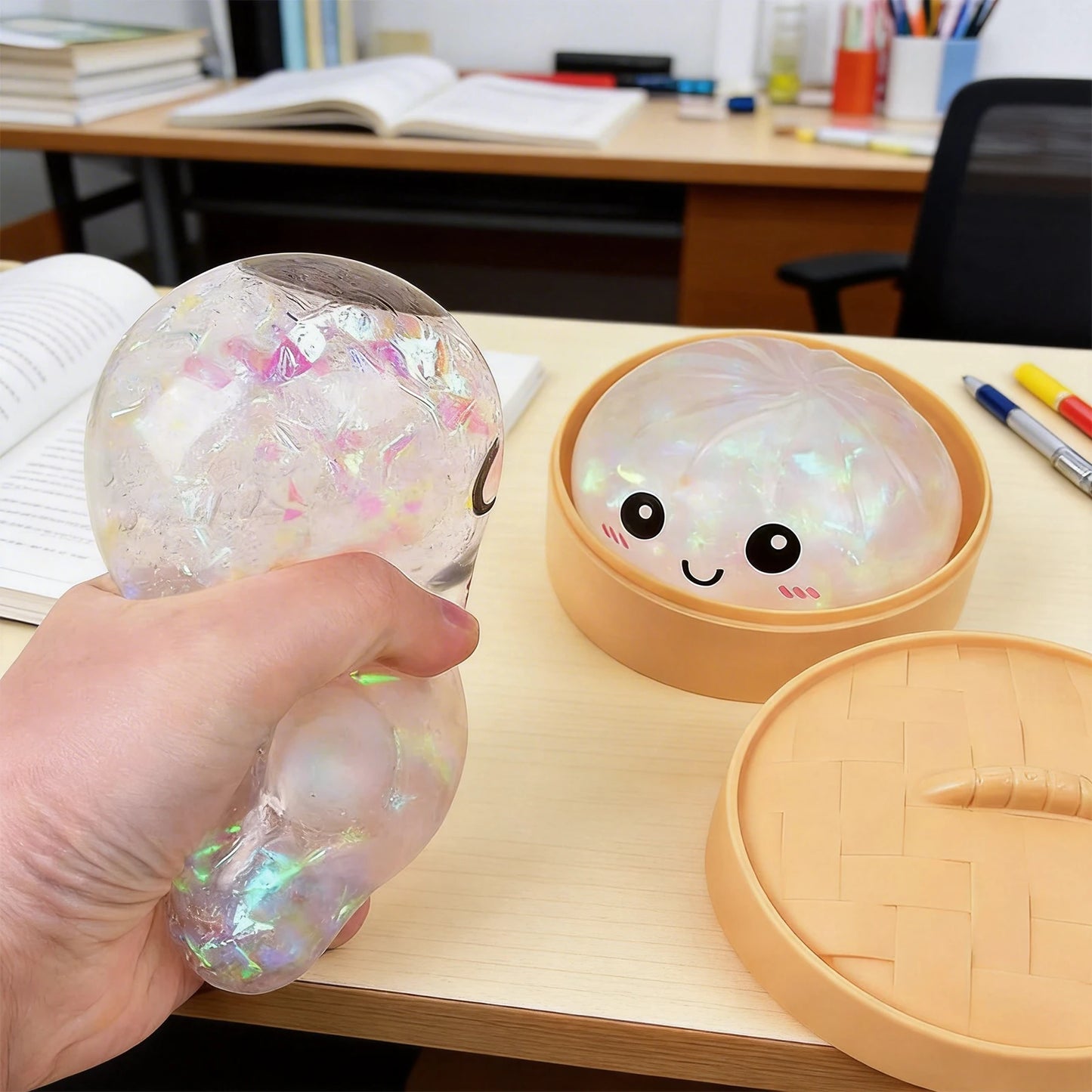Glitter Dumpling - Glitter Dumpling Squishy, Dumplings Squeeze Sensory Stress Relief Toy with Food Steamer for Adults & Kids