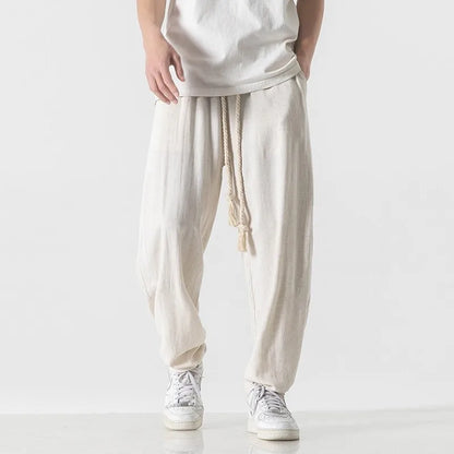 Mens Cotton Linen Pants Mens Summer Breathable Solid Color Harem Pants Male Streetwear White Trousers Men Ankle-Length Pants