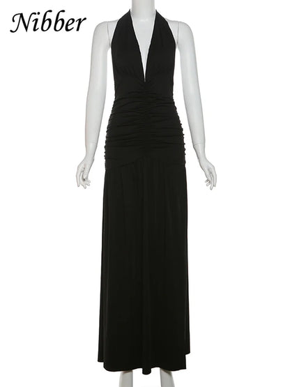 Nibber Elegant Women Long Dresses Solid Hipster Halter V-neck Backless Shirring Side Split Vestidos Female High Street New Robe