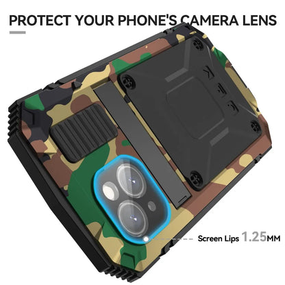 For iPhone 15 14 Pro 13 Pro Max Aluminum Metal Armor Phone Case With Screen Tempered Glass Heavy Duty Outdoor Shockproof Cover