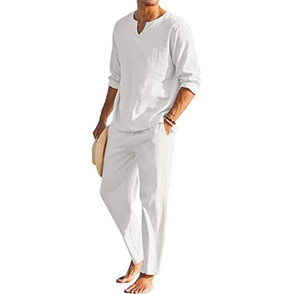 Casual Cotton Linen Two Piece Men Set Fashion Loose V Neck Long Sleeve Tops And Trouser Suits Mens Beach Style Clothing Summer