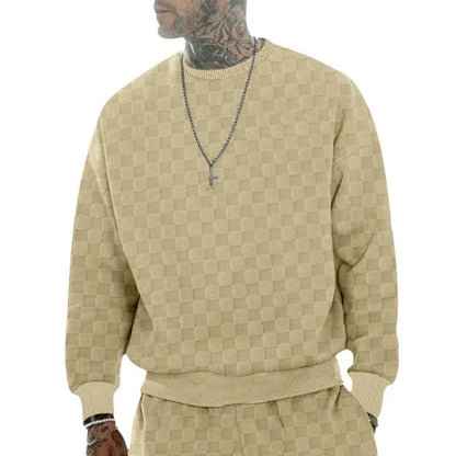 Cross-border men's clothing autumn and winter heavy jacquard checkerboard round neck casual bottoming shirt knitted long sleeves