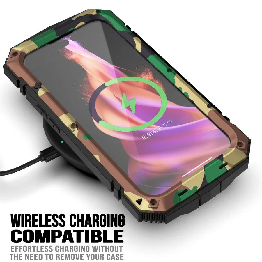 For iPhone 15 14 Pro 13 Pro Max Aluminum Metal Armor Phone Case With Screen Tempered Glass Heavy Duty Outdoor Shockproof Cover