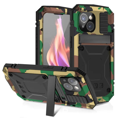For iPhone 15 14 Pro 13 Pro Max Aluminum Metal Armor Phone Case With Screen Tempered Glass Heavy Duty Outdoor Shockproof Cover