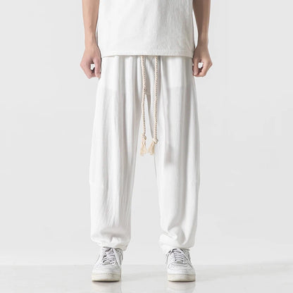 Mens Cotton Linen Pants Mens Summer Breathable Solid Color Harem Pants Male Streetwear White Trousers Men Ankle-Length Pants