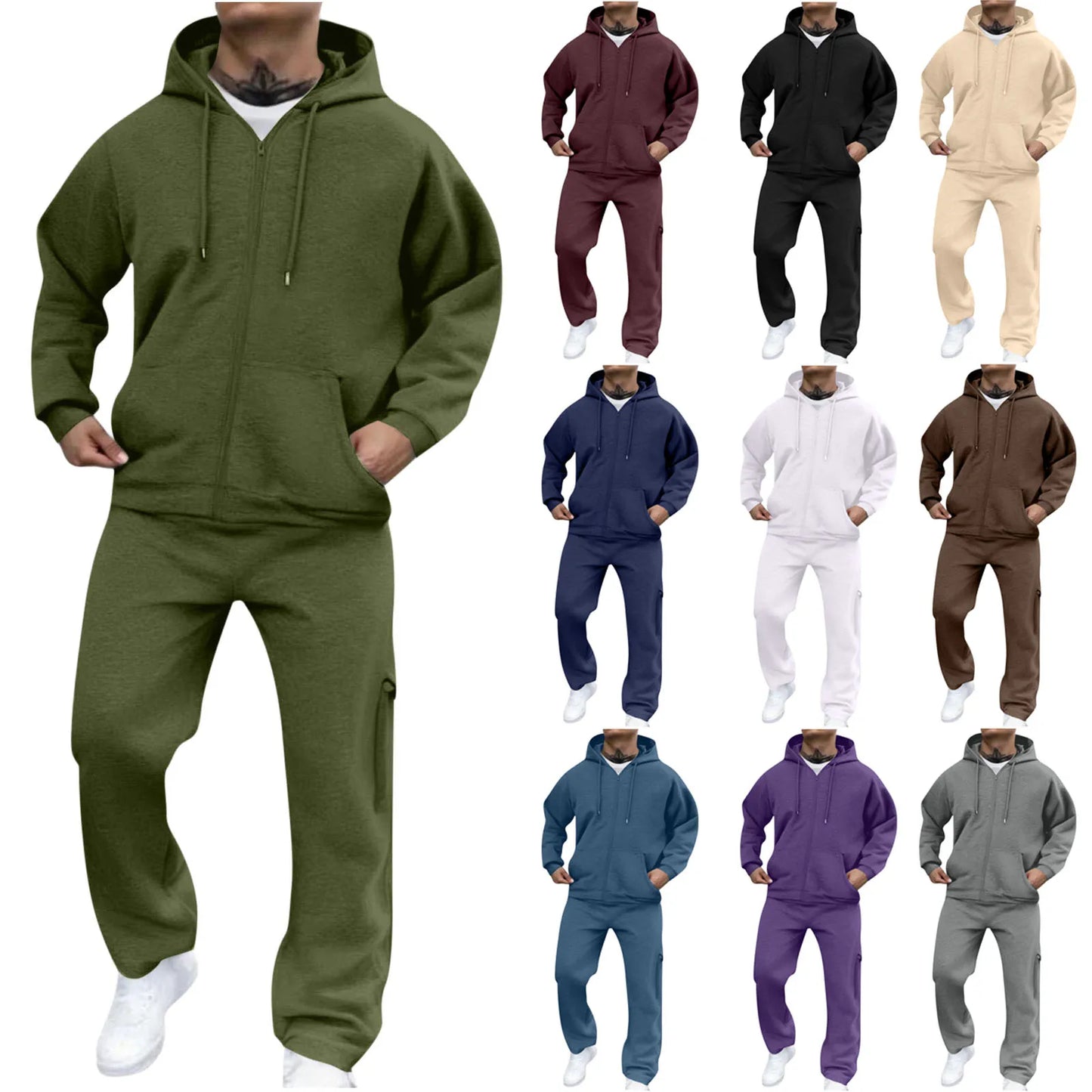 Mens Track Suits 2 Piece Set Sweatsuit Fleece Zip Up Hoodie and Sweatpants Jogging Suit Lounge Outfit  Ropa De Gym para Hombre