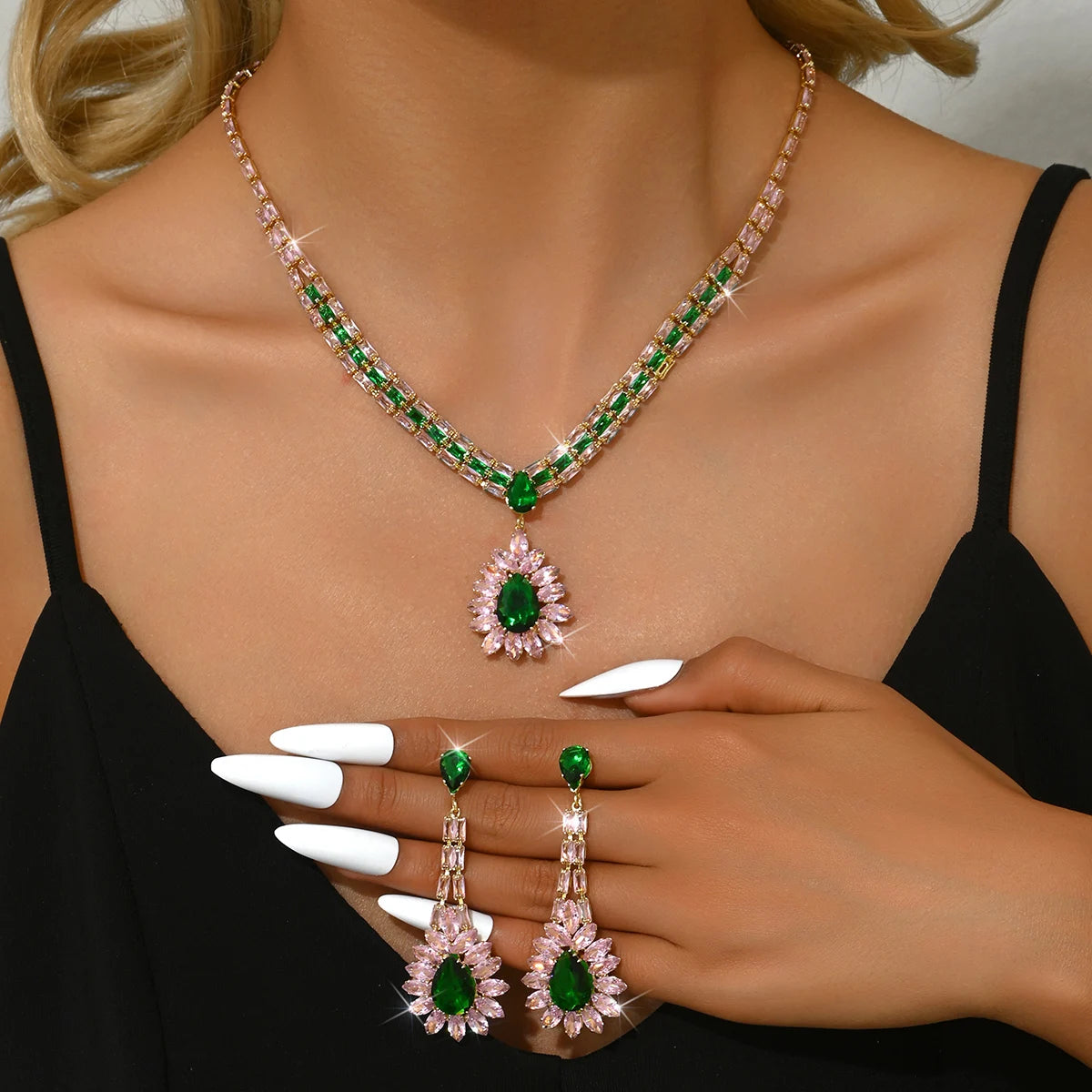 Bridal Accessories Fashion Necklace Earrings 2-piece Set Water Drop Diamond Jewelry Women's Simple Light Luxury Wholesale