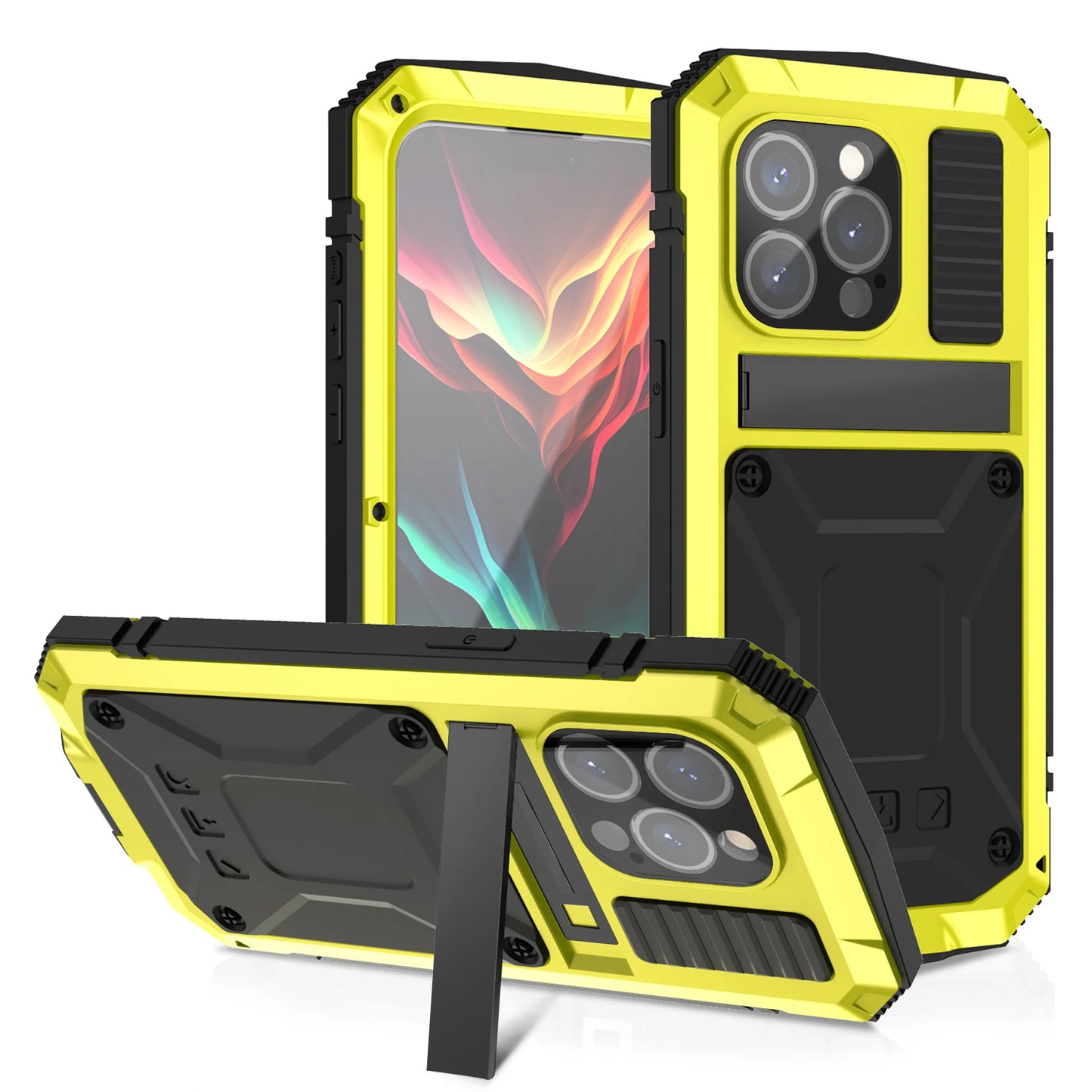 For iPhone 15 14 Pro 13 Pro Max Aluminum Metal Armor Phone Case With Screen Tempered Glass Heavy Duty Outdoor Shockproof Cover