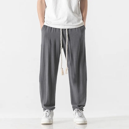 Mens Cotton Linen Pants Mens Summer Breathable Solid Color Harem Pants Male Streetwear White Trousers Men Ankle-Length Pants