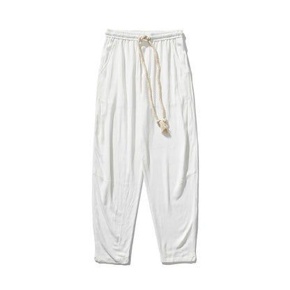 Mens Cotton Linen Pants Mens Summer Breathable Solid Color Harem Pants Male Streetwear White Trousers Men Ankle-Length Pants